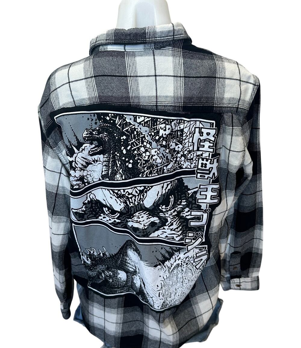 Godzilla Plaid Flannel Shirt LARGE Oversized Upcycled Unique Retro Monster Movie